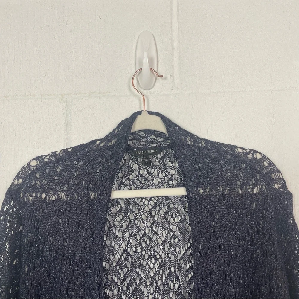 Eileen Fisher Open Front Crochet Cardigan‎ Linen Blend Blue Metallic Bohemian M - Picture 2 of 14
